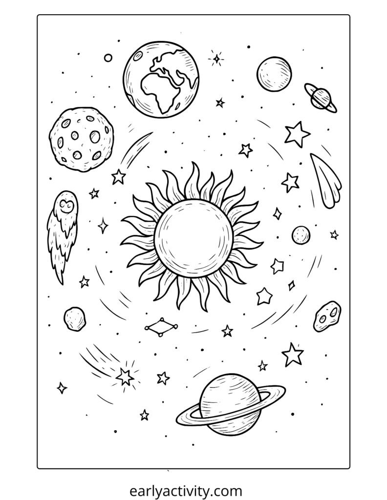 10planets and stars coloring page