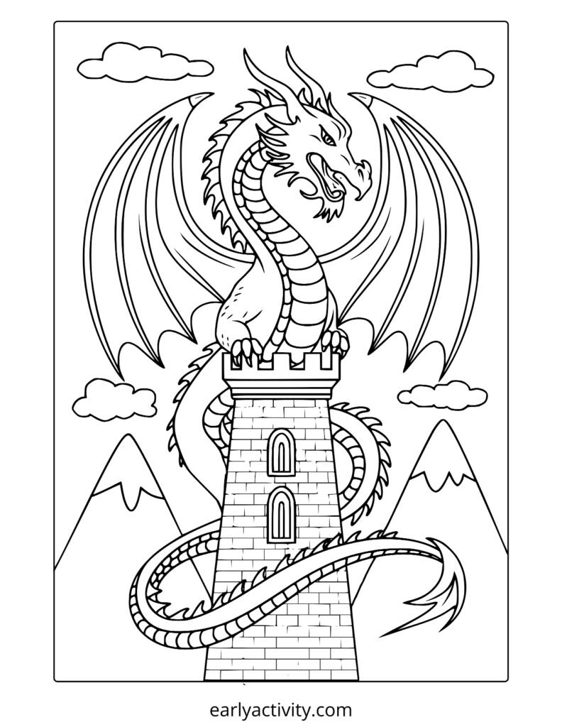 12_ dragon wrapped in a castle coloring page