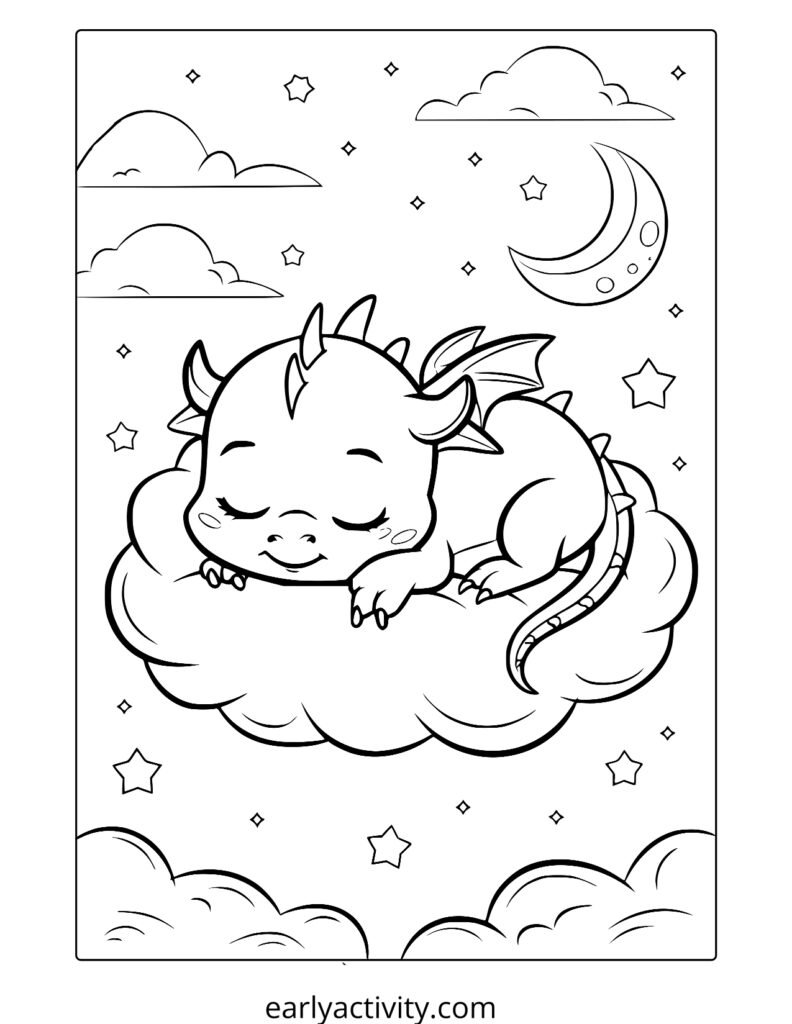 22sleeping baby dragon on a cloud coloring page